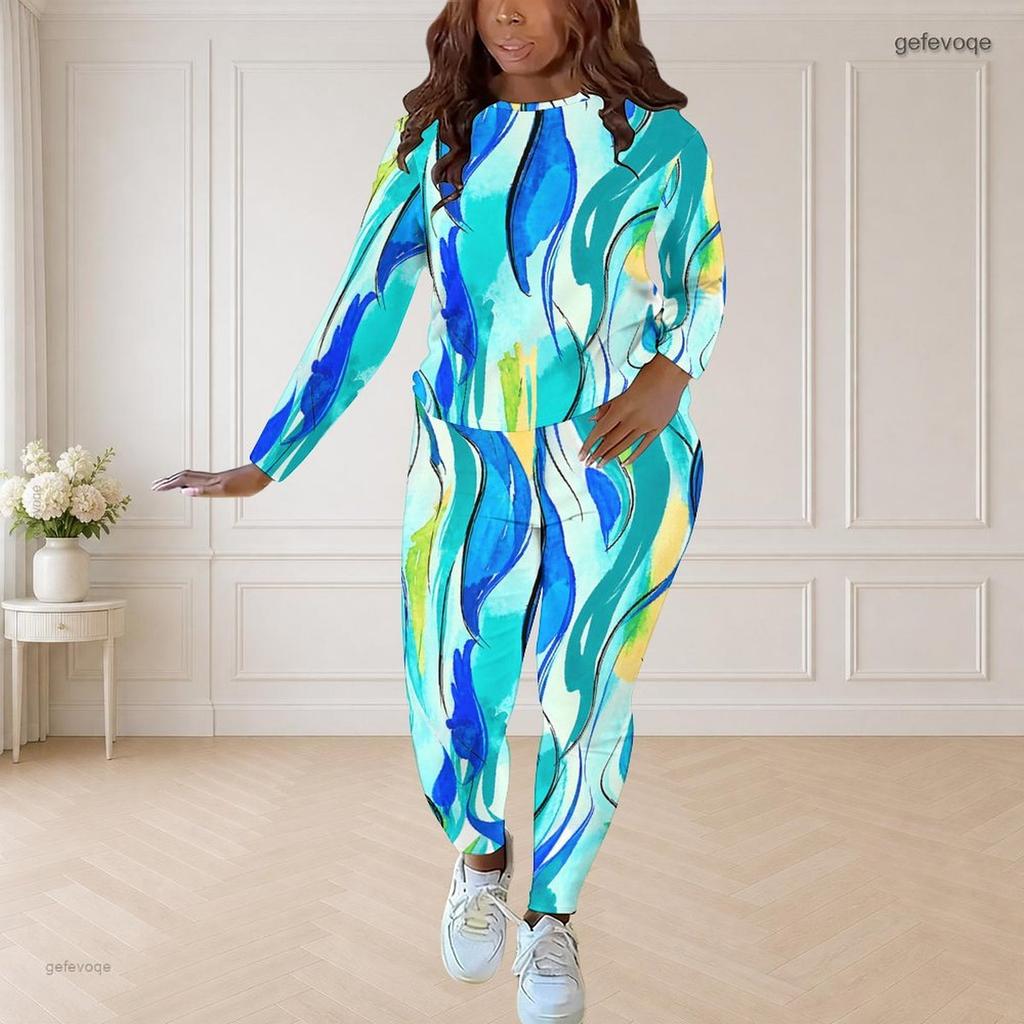 Women Plus Size Round Neck Long Sleeve Printed Blue Pink White Top And Fitted Pants Two Piece Set