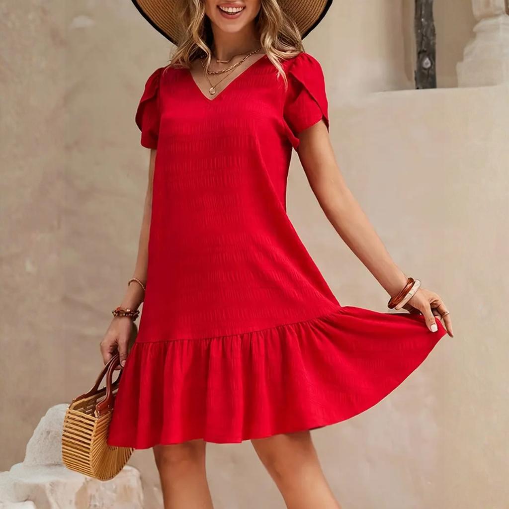 Fashionable Women's V-neck Color Loose Dress Casual Short Sleeved Dress