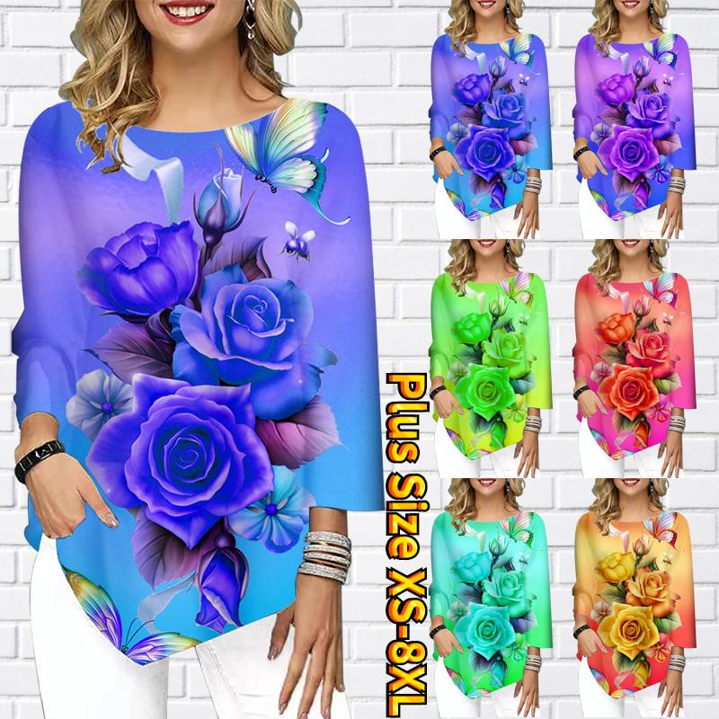

Женская футболка с рукавом три четверти и цветочным узором, футболка с круглым вырезом, свободные рубашки, повседневные футболки