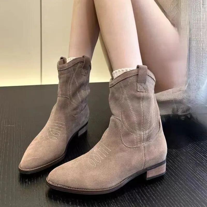 Fashion Autumn Women's Pointed Toe Western Boots Roman Embroidery Chunky Heel Mid Calf Boots for Women Heeled Shoes Casual Women's Boots