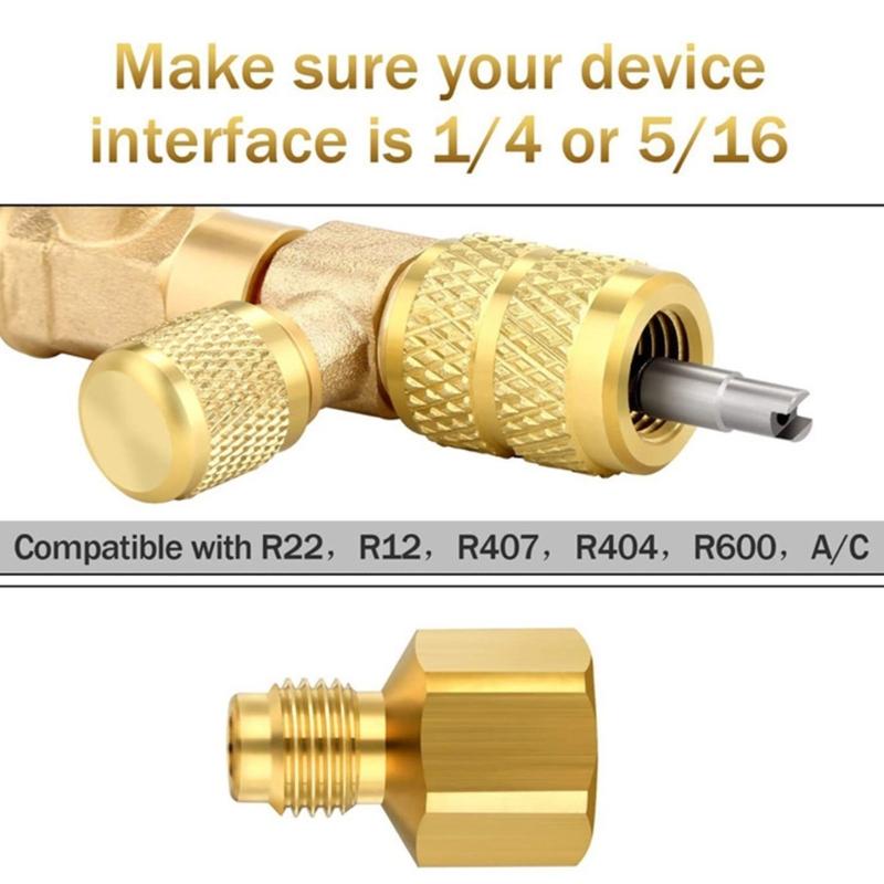 Small Ball Valves Core Extractor Kit Includes Brass Adapters Sealing Washers for R410A R22 32 Refrigerants Ports Use