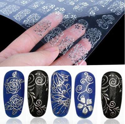 108 st 3D Silver Blomma Nail Art Stickers Dekaler Stämpling DIY Dekoration Verktyg