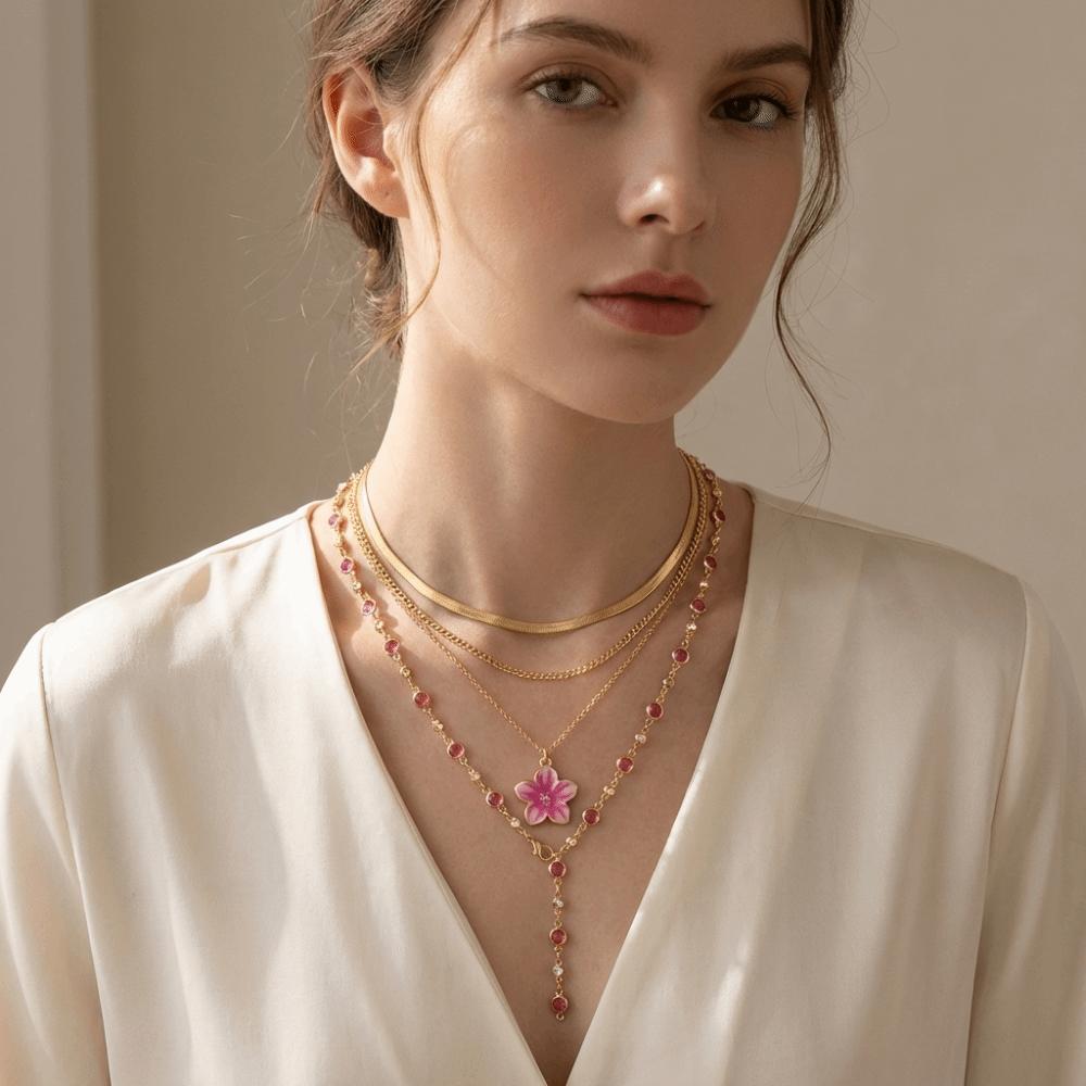 Drip Oil Metal Stacked Necklace Beads Flower Pendant Stacked Collarbone Chain Y-shaped Necklace Jewelry Alloy Neck Pendant Women
