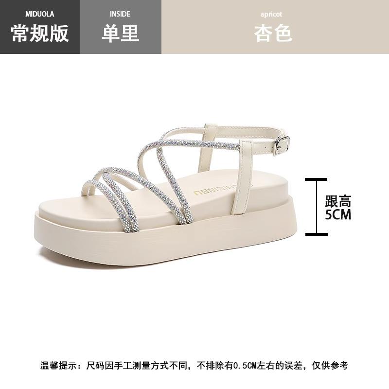Sheepskin version~ Small thick-soled sandals for women's summer wear 2025 new summer fashion high-end rhinestone sandals