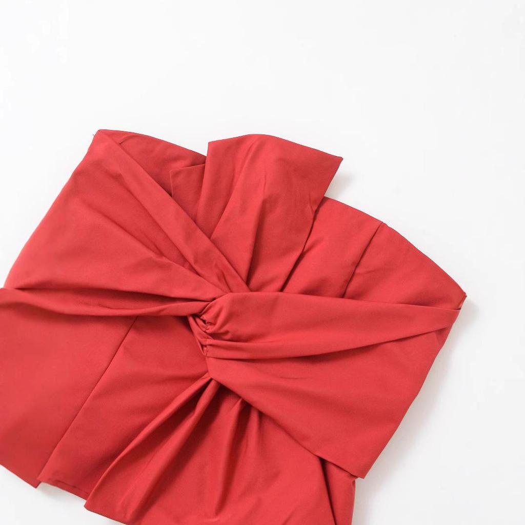 2025 Spring Red Strapless Evening Dress - European & American Style, Slimming, Versatile & Fashionable.