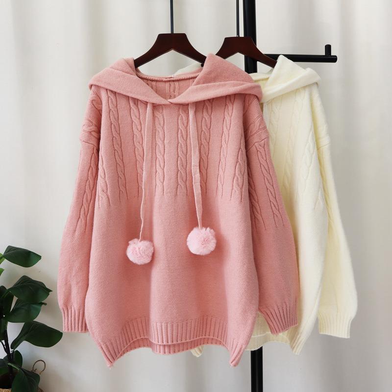 Hooded soft waxy knitted sweater top autumn and winter new loose milk fufu lazy wind sweater pullover woman