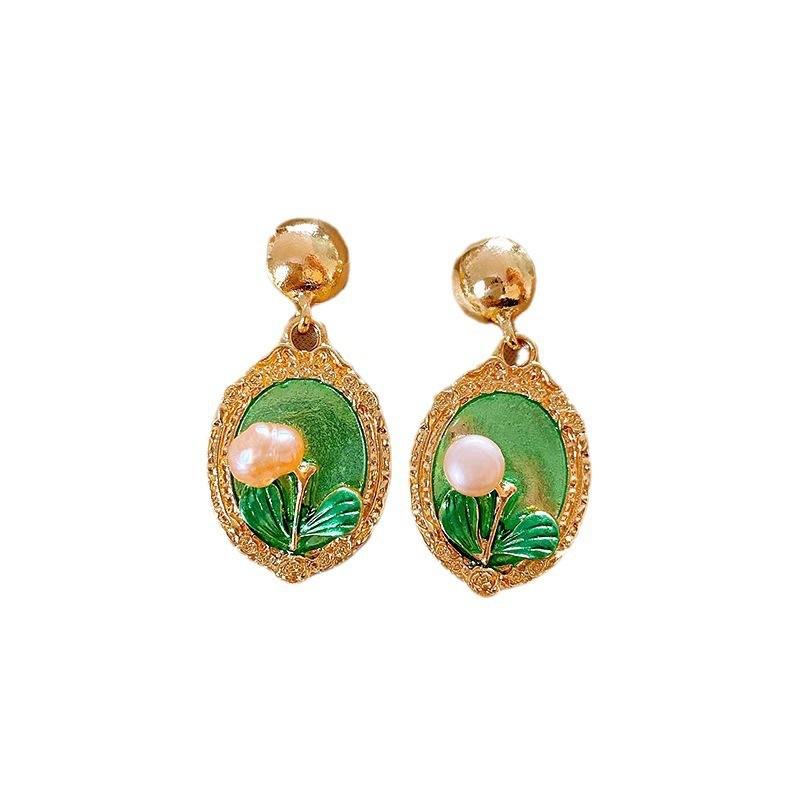 French retro green oil painting antique flower stud earrings female, court style earrings baroque pearl earrings