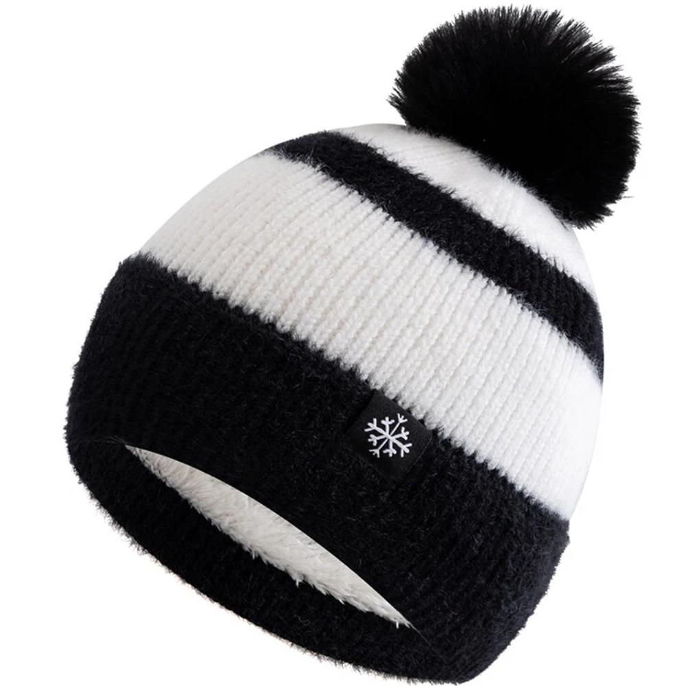 New Style Snow Label Beanie Hat Color Blocked Style Plush Fur Lined Pompoms Warm Winter Hat Fashion Y2k Beanie For Woman Girl