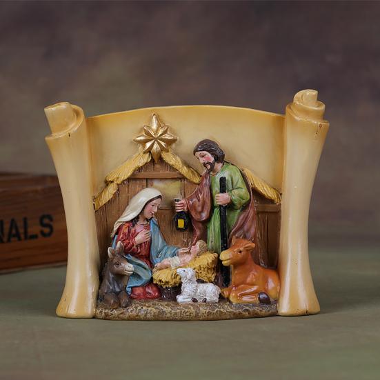 Christmas Manger Shed Statue Religious Nativity Scene Resin Stable Creche Figurine for Xmas Tabletop Decoration
