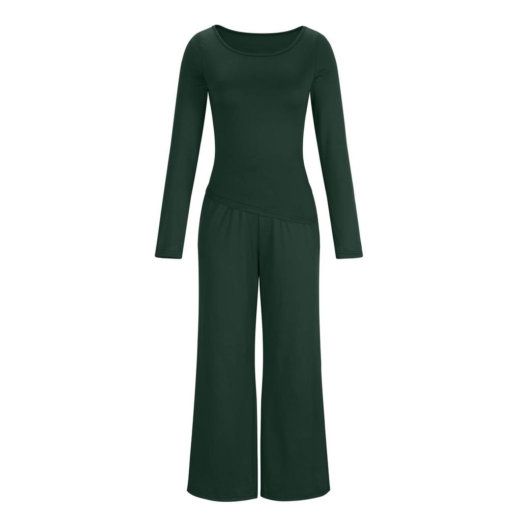 Women's Fashion Color Long Sleeve Casual Wide Leg Pants Two Piece Set