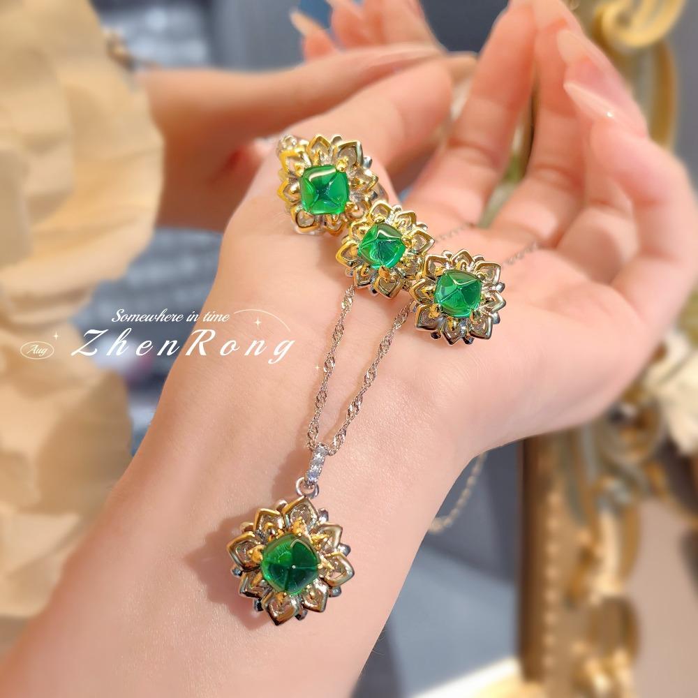 Vintage Women Jewelry Set Emerald Sugar Loaf Lotus Pendant Ring Earrings Green Gold Gemstone