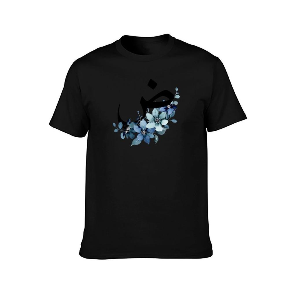 Cerulean Floral Arabic Letter TShirt Everyday Wear Basic Short Sleeve Top