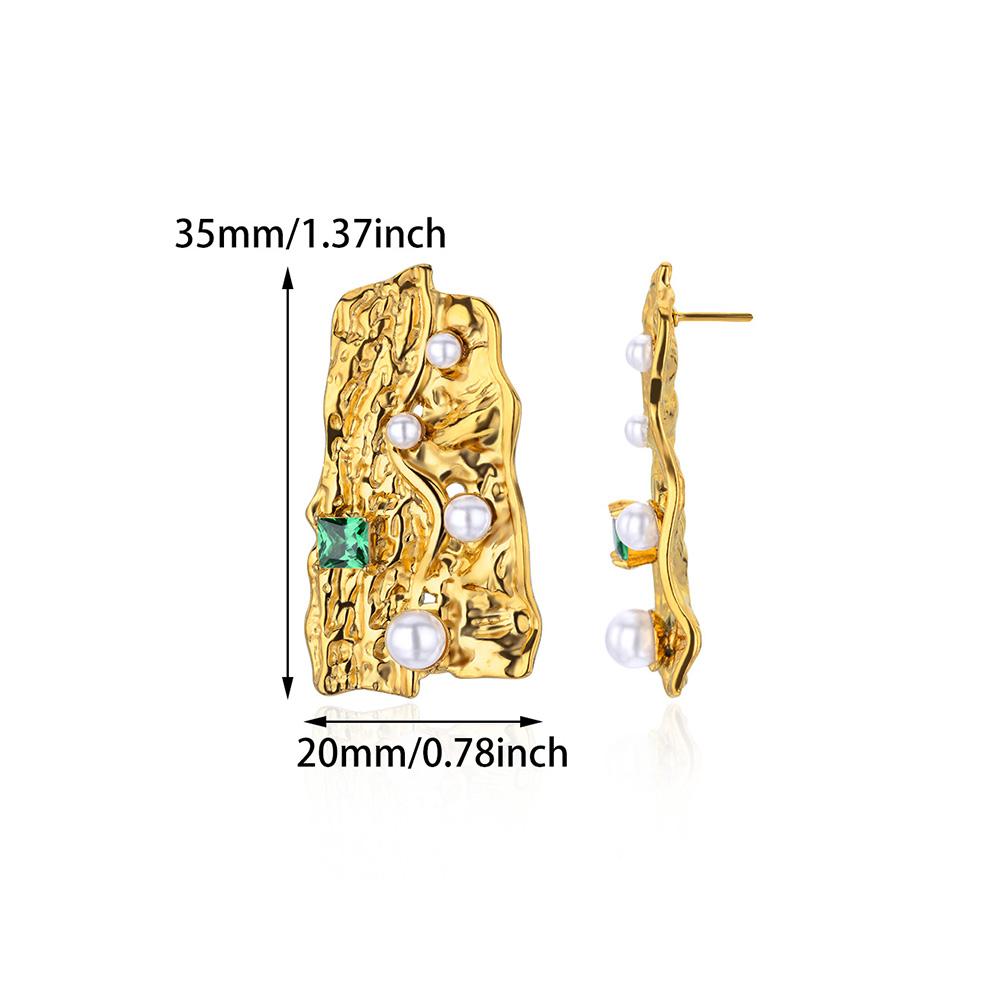 Vintage Blue Zircon Textured Stainless Steel Earrings Women 18K Gold-plated Artificial Pearl Earring Chunky Jewelry Accessories