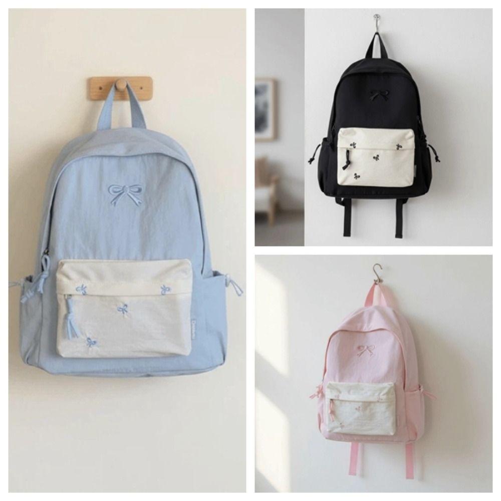Mochila de lona con lazo Mochila casual bordada para estudiantes Bolso escolar Mochila deportiva de poliéster de color contrastante de gran capacidad
