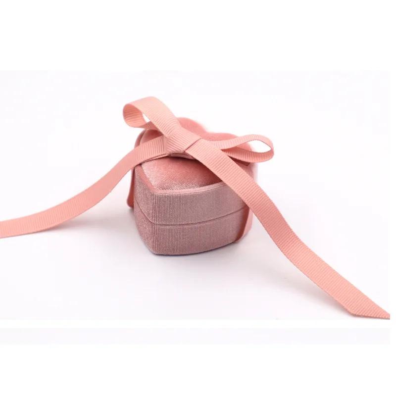 Luxury Valentine's Day Present Heart Shape Custom Pink Green Velvet Ribbon Bow Wedding Jewelry Ring Packaging Box