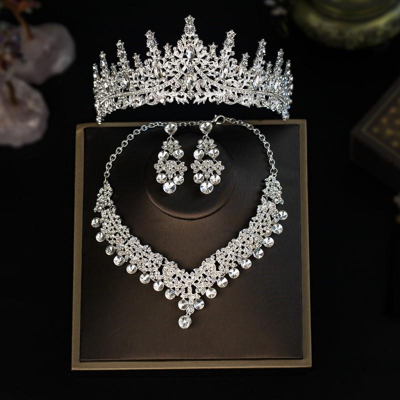 Elegant Bridal Jewelry Set Crown Necklace Earrings Hairpiece Alloy Rhinestone Wedding Party Accessories Women