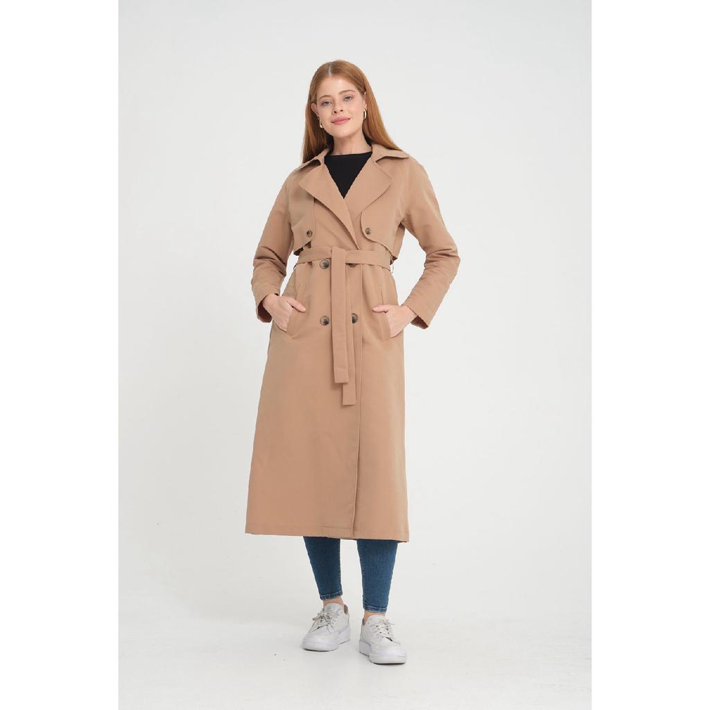 Raglan Sleeve Mid-length Double Breasted Trench Coat (120 Cm) Dark Beige 7558