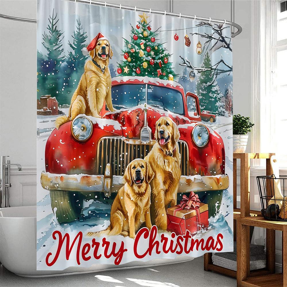 Christmas Shower Curtain Dogs with Xmas Hat Winter Holiday Red Truck Pine Tree Snow Scenery Bathtub Decor Polyester Bath Curtain