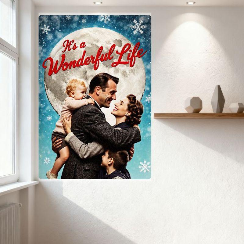 It’s a Wonderful Life Movie Metal Tin Sign Vintage Family Scene with Moon Snowflake Background Wall Decor for Home Bar Cafe Man