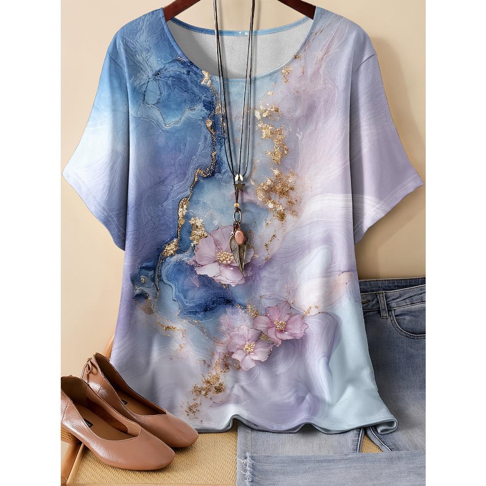 Summer Womens Retro 3D Printed Color Striped T-shirt Pattern Loose Comfortable Breathable Large Size Fashion O-neck T-shirt