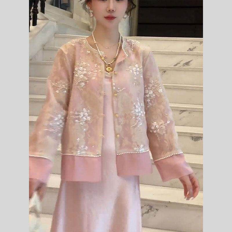

Unique and High-End Style Outfit, New Chinese Style, Zen-Inspired Fashion Set, Sun-Protective Shirt and Suspender Skirt Two-Piece Set Pink Shirt [High Quality] 2XL [67.5-75kg]