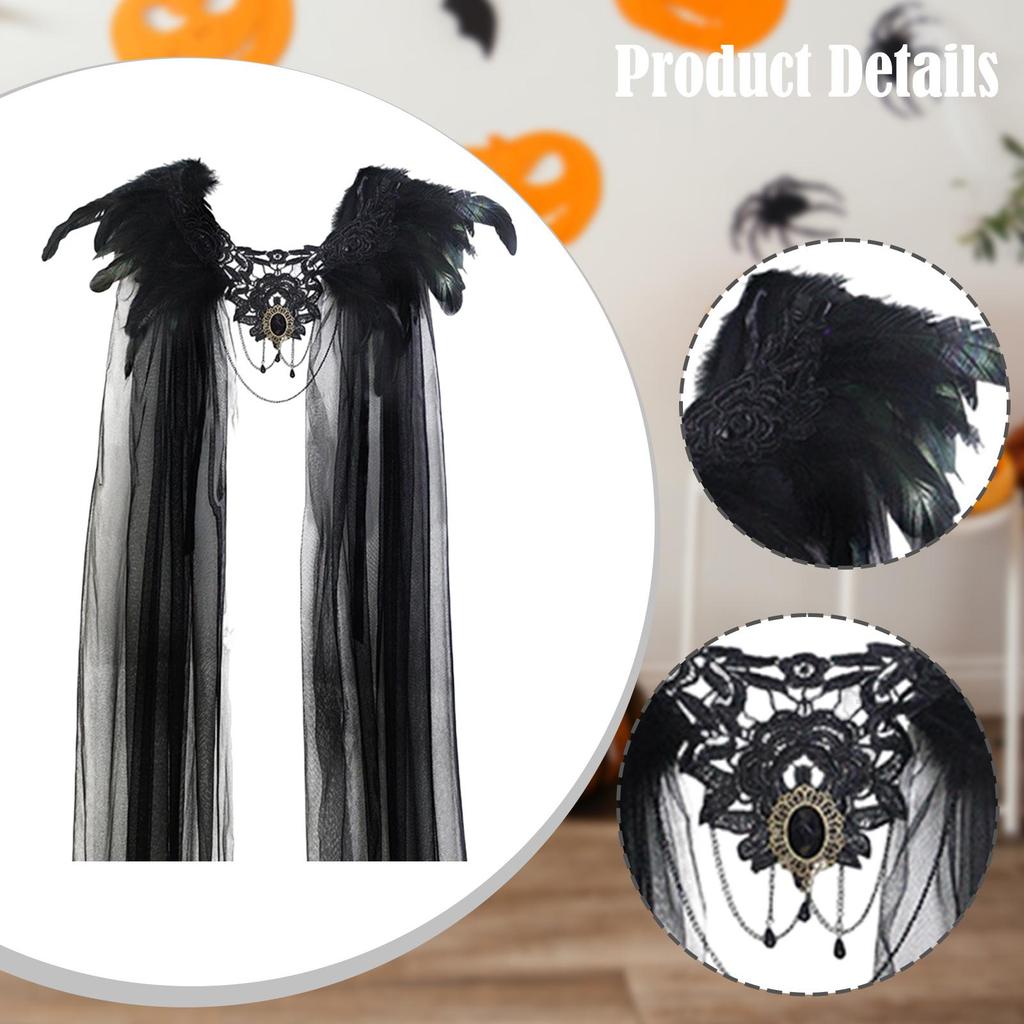 Halloween Black Cape with Feathered Collar for Cosplay, Burlesque 45cmx128cm Stage Costume Embellished Lace for Cosplay