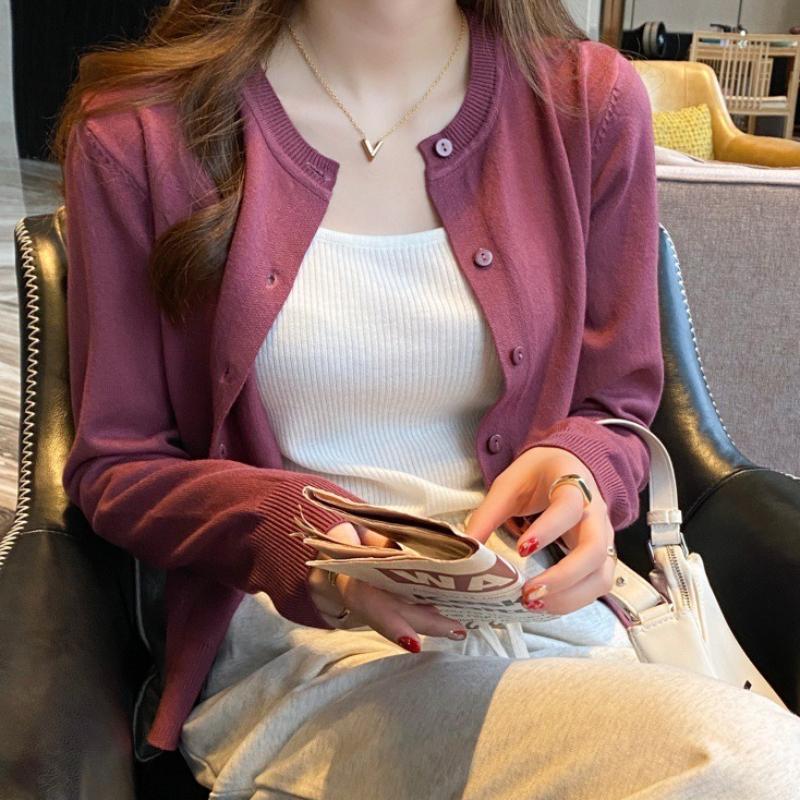 

Кардиган Вязаное Пальто Женское Весенне-Осенняя Верхняя Одежда Тонкий Свитер Осенний Черный С Длинным Рукавом Зимний Топ One size фиолетовый
