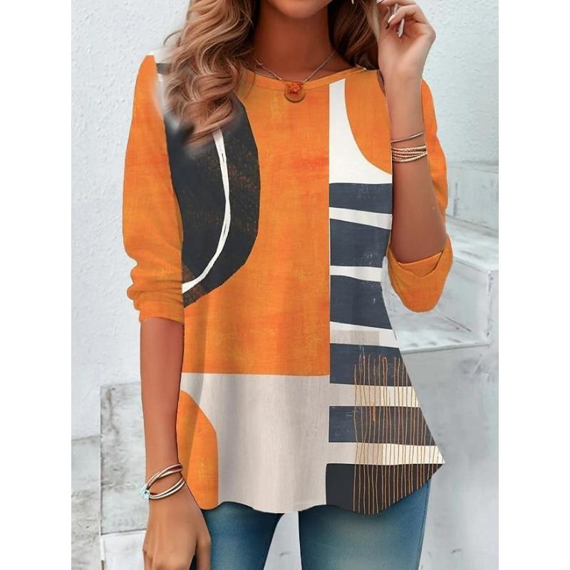 T-shirt da donna a maniche lunghe con scollo rotondo, tunica a maniche lunghe, top regular casual moderno con stampa geometrica