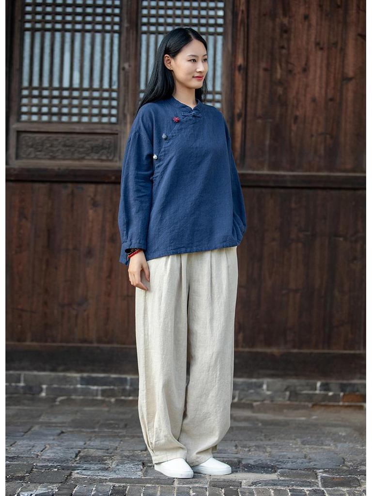 Spring 2026 Women's Zen Tea Ceremony Shirt: Chinese Style, Stand Collar, Color Blocked Cotton Linen