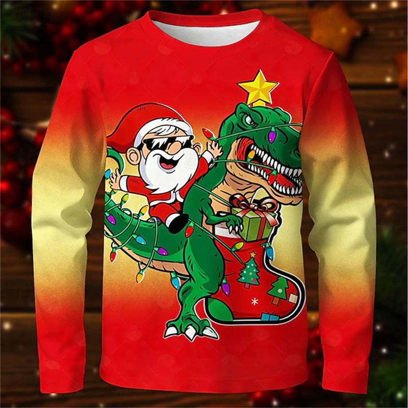 New Santa Claus Men's Long-Sleeve T-Shirt, 3D Print, Spring and Autumn Casual Loose Round-Neck Breathable Top