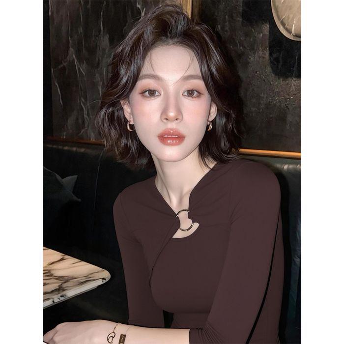 Autumn Coffee Color Slim Fit Long-Sleeve Women s French Retro Top Small