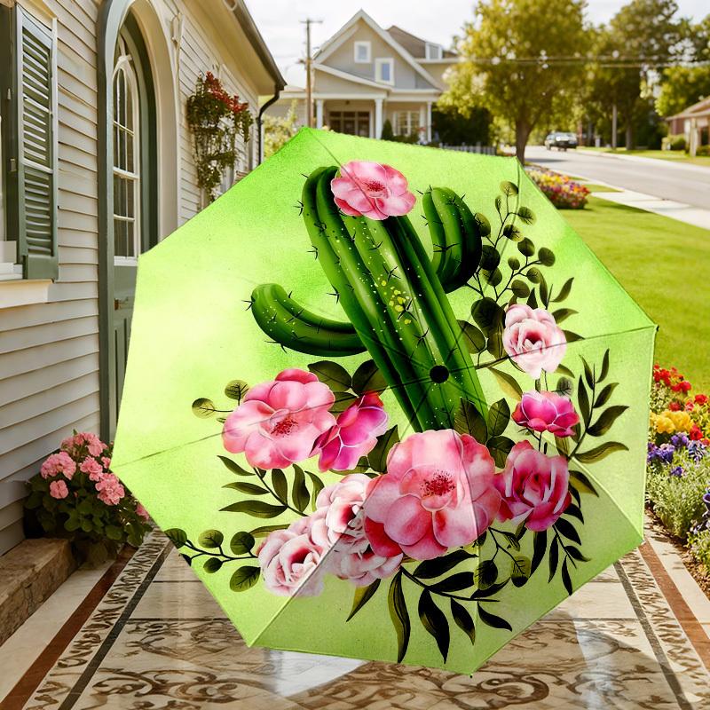 1pc Cactus Flowers Automatic Folding Umbrella, Heavy Duty 8 Rib Iron Frame,  Suitable for Travel, Daily Use, Birthday, Decor Gift M0104049