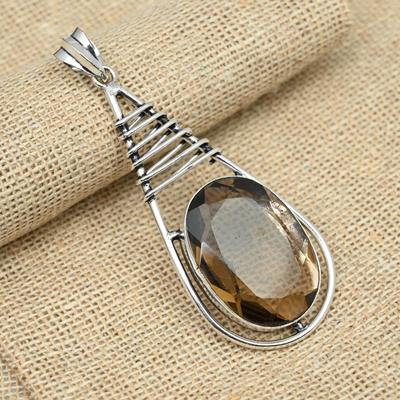 Kouřový Topaz Pevné Stříbro Ryzí 925 Nádherný Oválný Drahokam Ručně Vyrobený Přívěsek Šperk