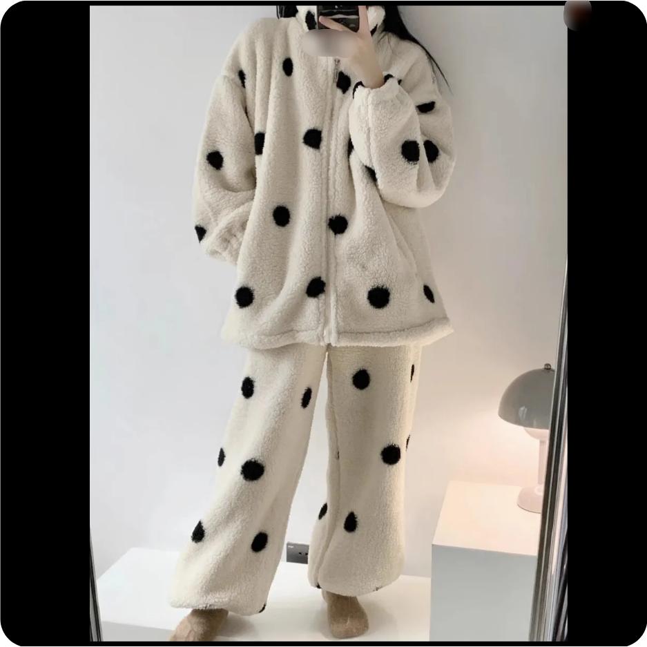 

Женская пижама из кораллового флиса в горошек на молнии, осенне-зимняя, высококачественная, утолщенная, теплая, домашний костюм L