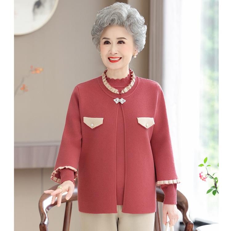 Middle-aged and Elderly Women's Sweater 50-year-old Coat New Mother Spring Chinese Clothes Red Knitted Two-piece Suit