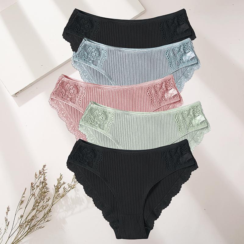 FINETOO 5PCS/Set Women Cotton Underwear Panties Floral Lace Soft Intimates Underpant For Woman Sexy Ladies M-XXL Lingerie Panty