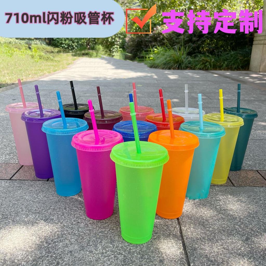 10PC 24OZ Glitter Straw Cups Large Capacity PP Single Layer Plastic Cups 710ml Glitter Cups Drink Party Cups Takeaway Drinks