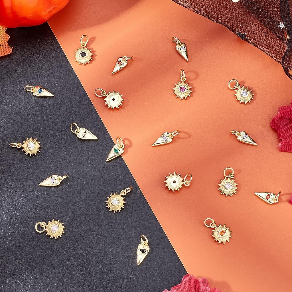 PH PandaHall Evil Eye Charm, 20pcs 2 Styles Real 18K Gold Plated Heart/Sun Cubic Zirconia Evil Eye Pendants Halloween Charms with Jump Ring for DIY