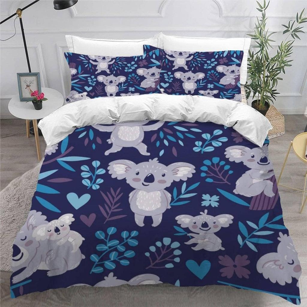 Cute Koala Flowers Pattern Duvet Cover Set,Bedding Set for Kids Girls Comforter Cover with Zipper(1 Duvet Cover+1 Pillow Case)