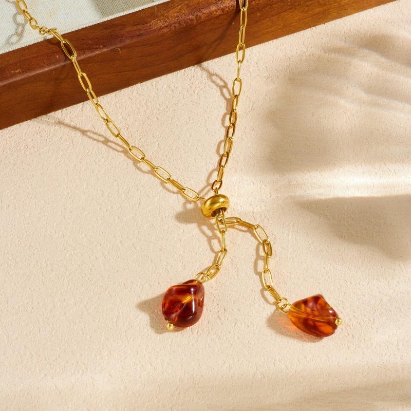 Gold Plated Stainless Steel Adjustable Lariat Necklace with Amber Drop Charms for Women