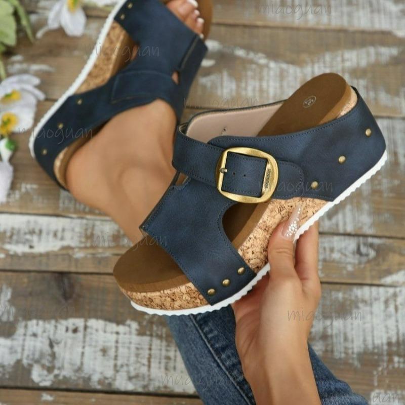 Fashion Women's Summer 2025 Slip-On Sandals Buckle Decor Wedge Soft Bottom Thick High Heel Outwear Mom Shoes Ladies Platforms Sandals