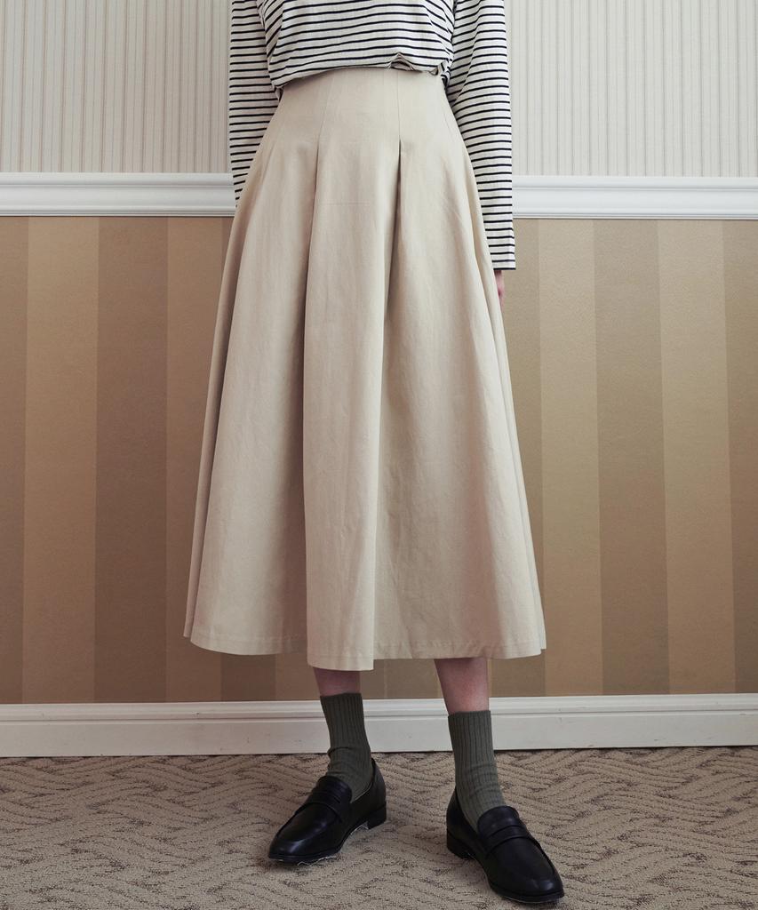 LOEIL Flare Cotton Midi Skirt - Beige