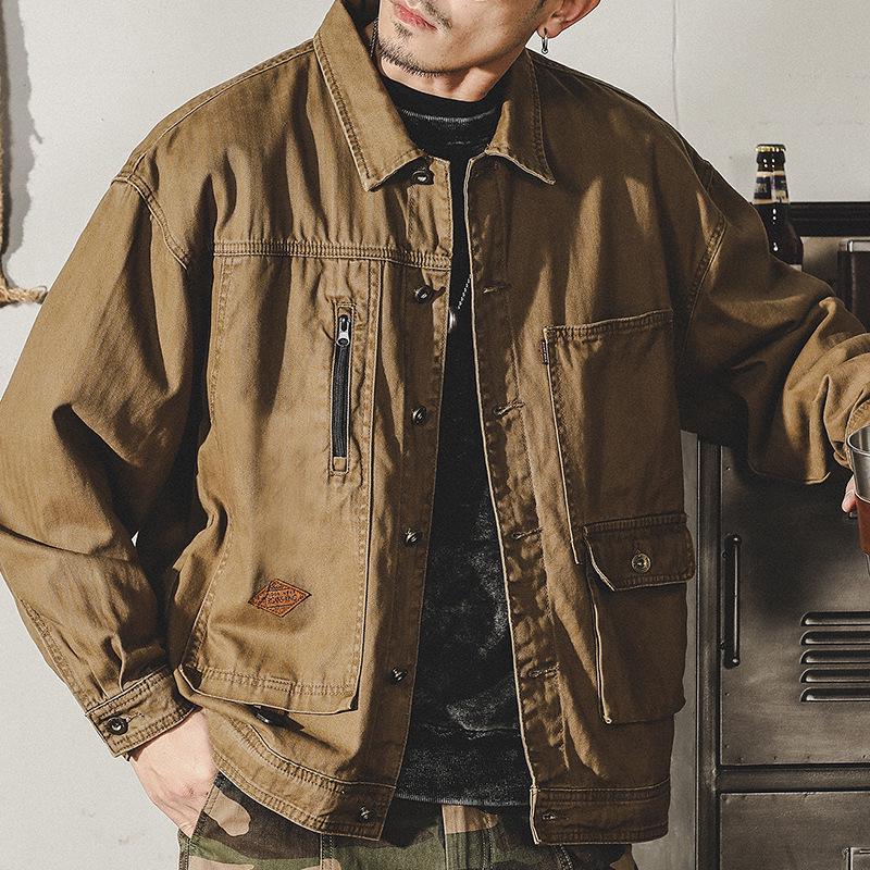 Men's Autumn Loose Fit Cotton Workwear Jacket - Trendy, Multi-Pocket, Plus Size, Casual Lapel Top