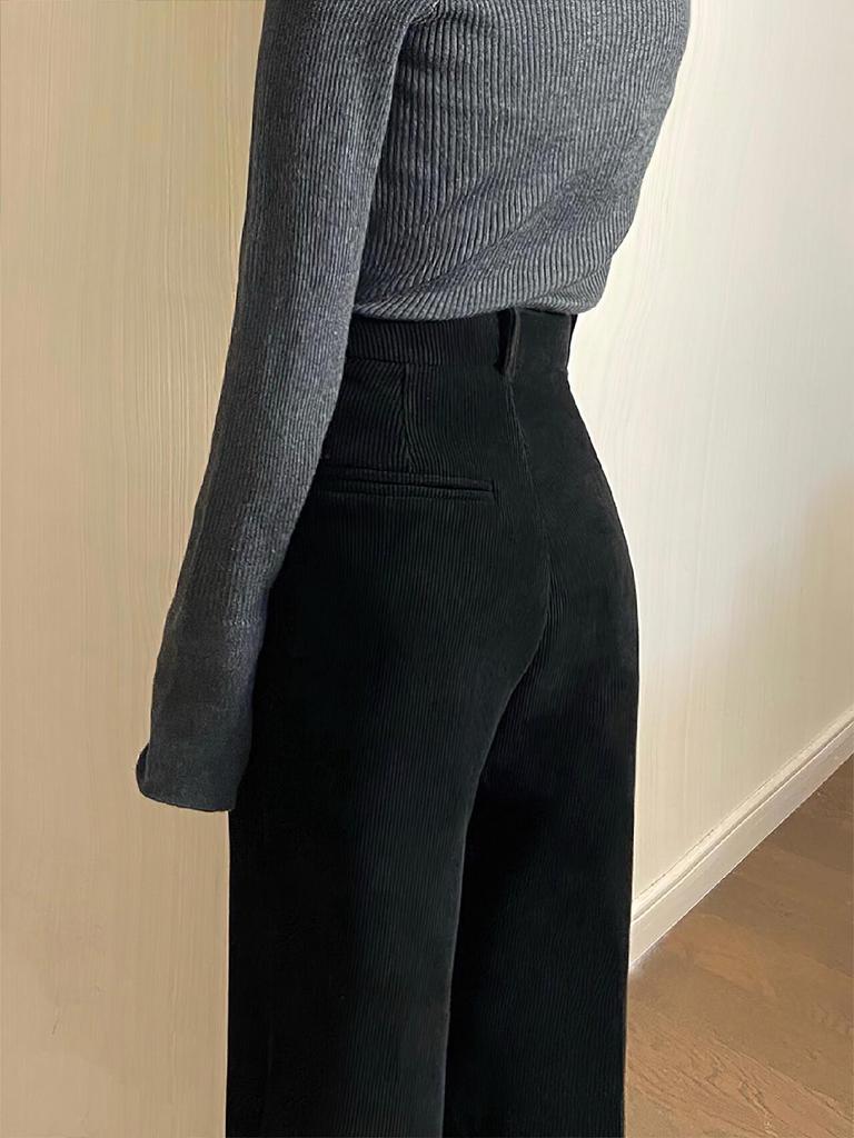 Women's Black Chenille High-Waist Corduroy Wide-Leg Pants - Autumn Winter Plus Velvet