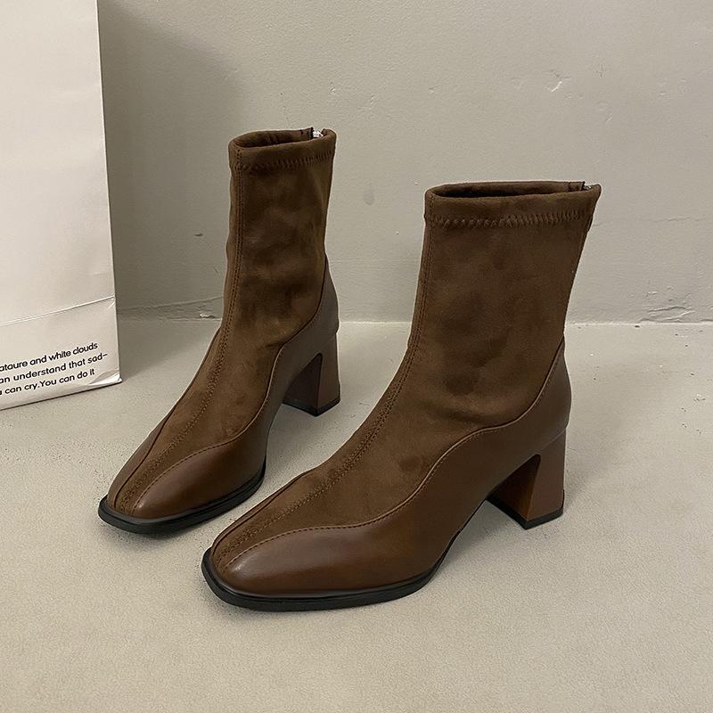 

Французская коровья кожа тонкие ботинки высокий каблук короткие ботинки женские осенне-зимние новые квадратный носок темперамент ботинки Мартин облегающие эластичные ботинки 40 коричневый