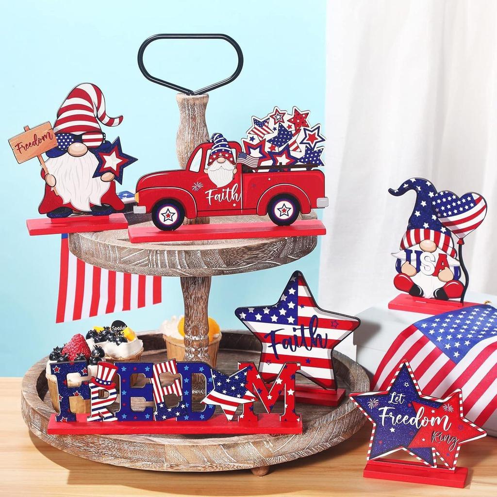 Festive Wooden Desktop Ornament with Five-Pointed Star and National Flag Design