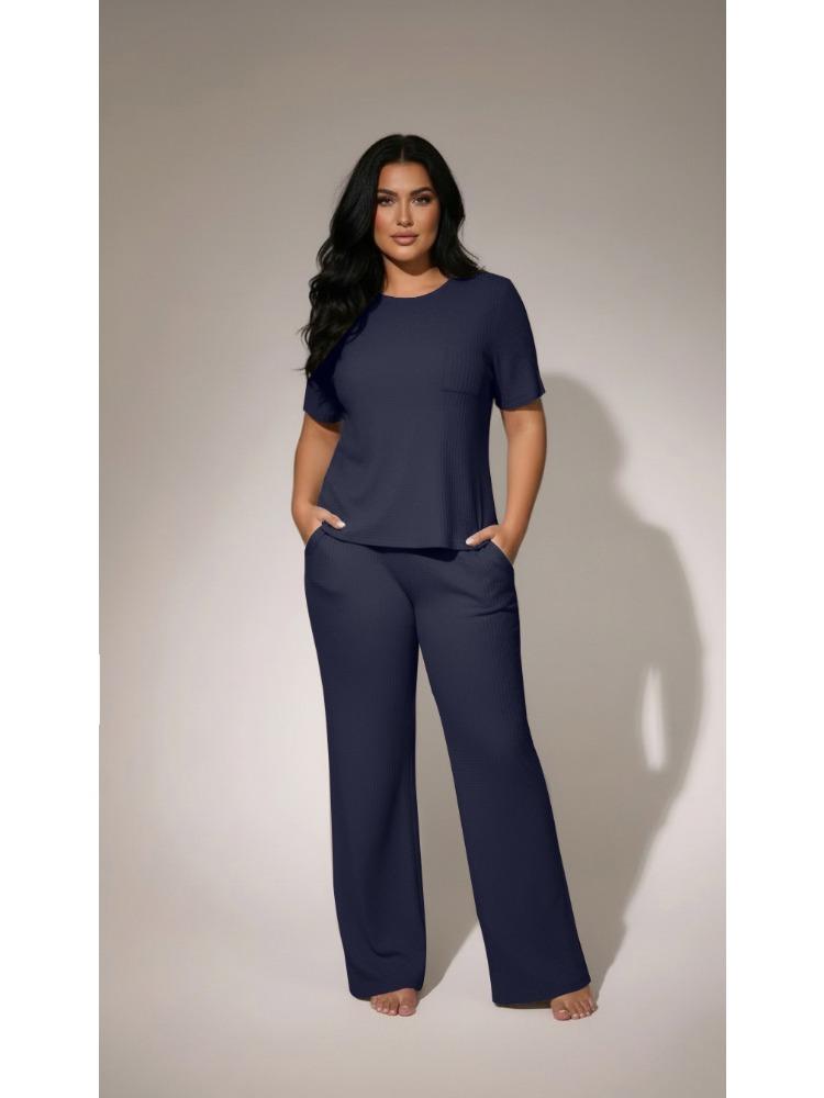 Women 2 Piece Casual Set Short Sleeve Long Pants Textured Waffle Set For Women