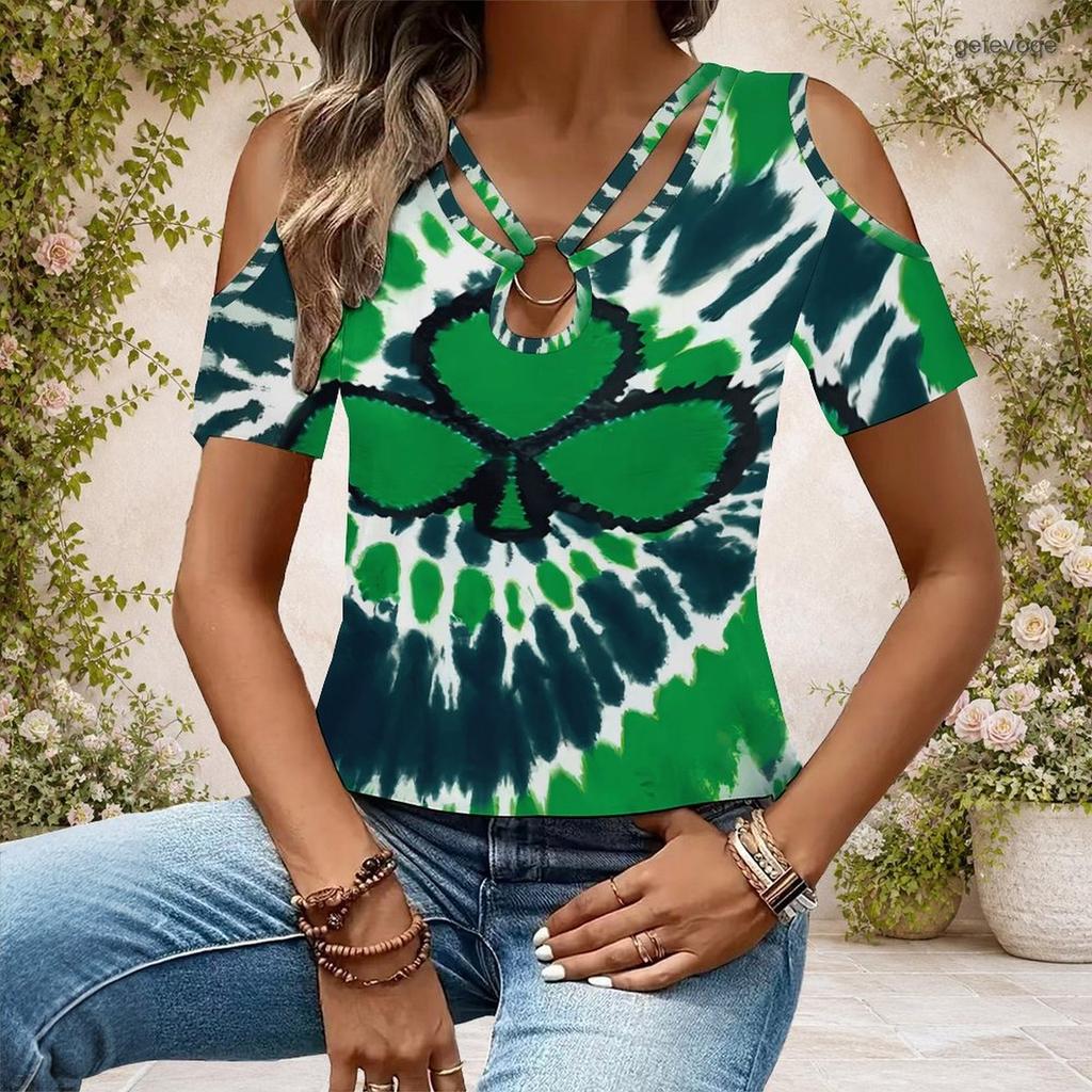 Women Plus Size Keyhole Ring Neck Cold Shoulder Geometric Printed Short Sleeve Top