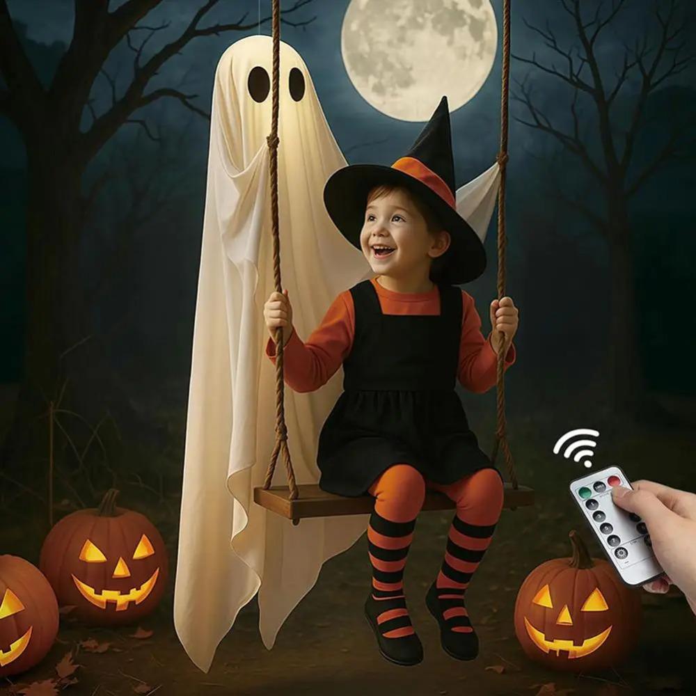 5.9FT Large Halloween Hanging Ghost Swing Adjustable Height With Remote Spooky Ghosts Swing With String Lights