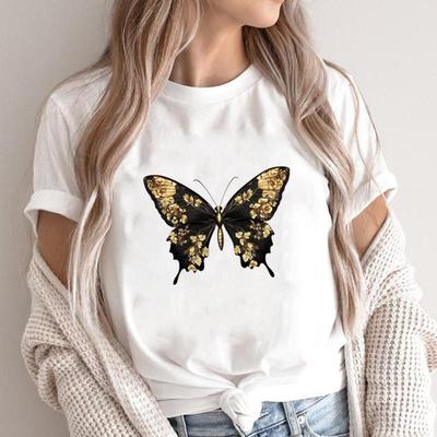 (Asian Size) Print Fashion Female Short Sleeve T-shirts Women's Top T Clothing Lovely Butterfly Cute Casual O-neck Graphic Tee